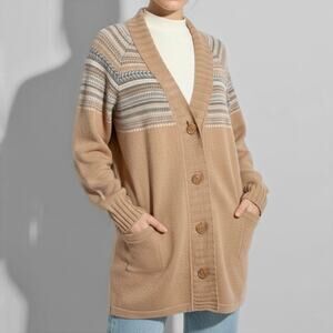 Patagonia Lambswool Scandi Cardigan Sweater L Camel Tan Fair Isle Nordic Boho
